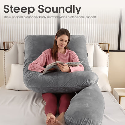 Velvet Cover U-Shaped Pregnancy Pillow, Full Body Maternity Sleeping Pillow with Detachable Soft Velvet Cover, Essential Comfort Support for Pregnant Women and Expectant Mothers