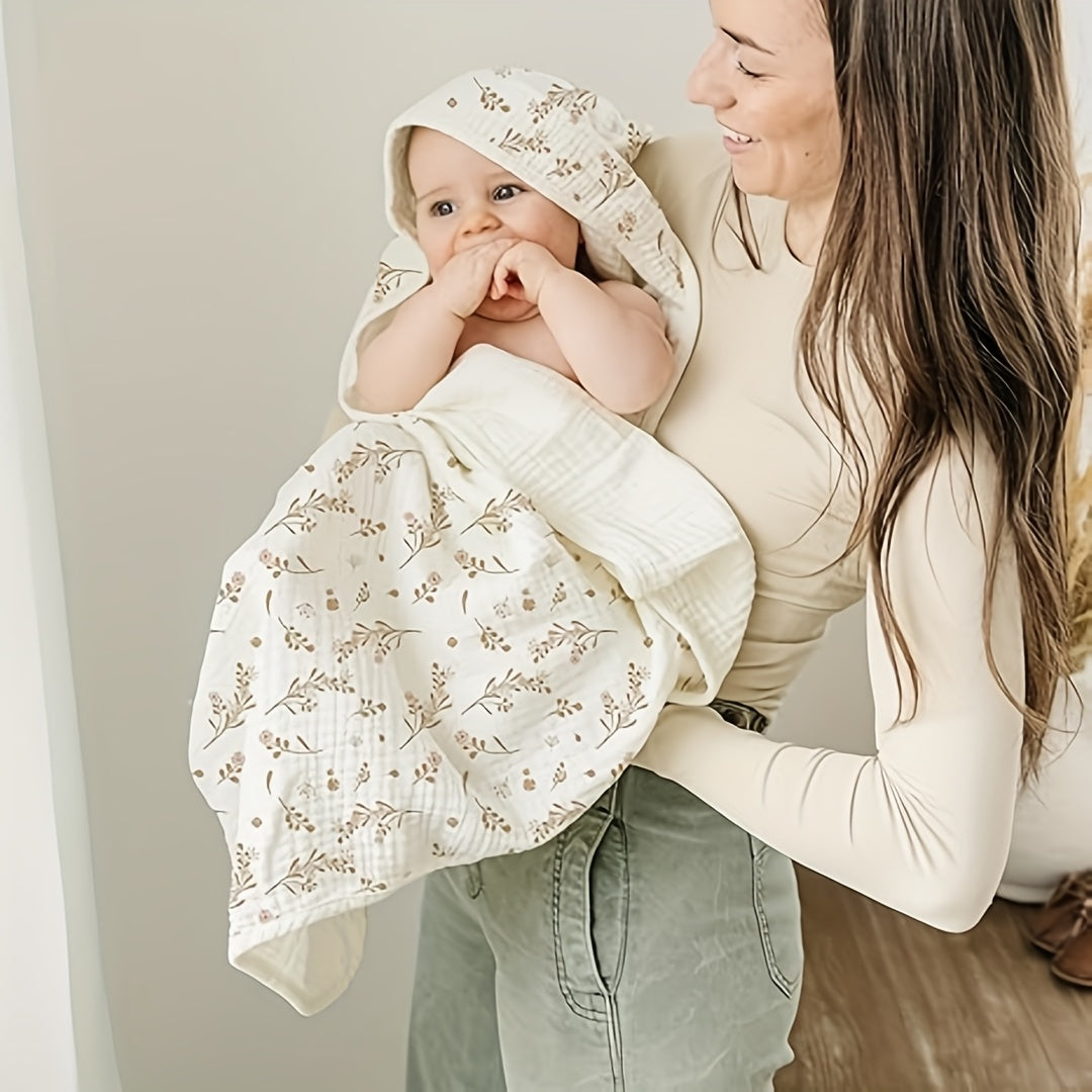 Newborn Hooded Muslin Baby Bath Towels, 2-Pack of 100% Cotton 30 x 30 Infant Towels with Attached Hoods, Soft Absorbent Bath Set for Sensitive Skin, Pink Floral