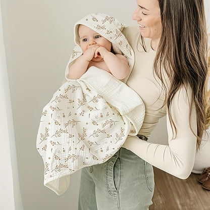 Newborn Hooded Muslin Baby Bath Towels, 2-Pack of 100% Cotton 30 x 30 Infant Towels with Attached Hoods, Soft Absorbent Bath Set for Sensitive Skin, Pink Floral