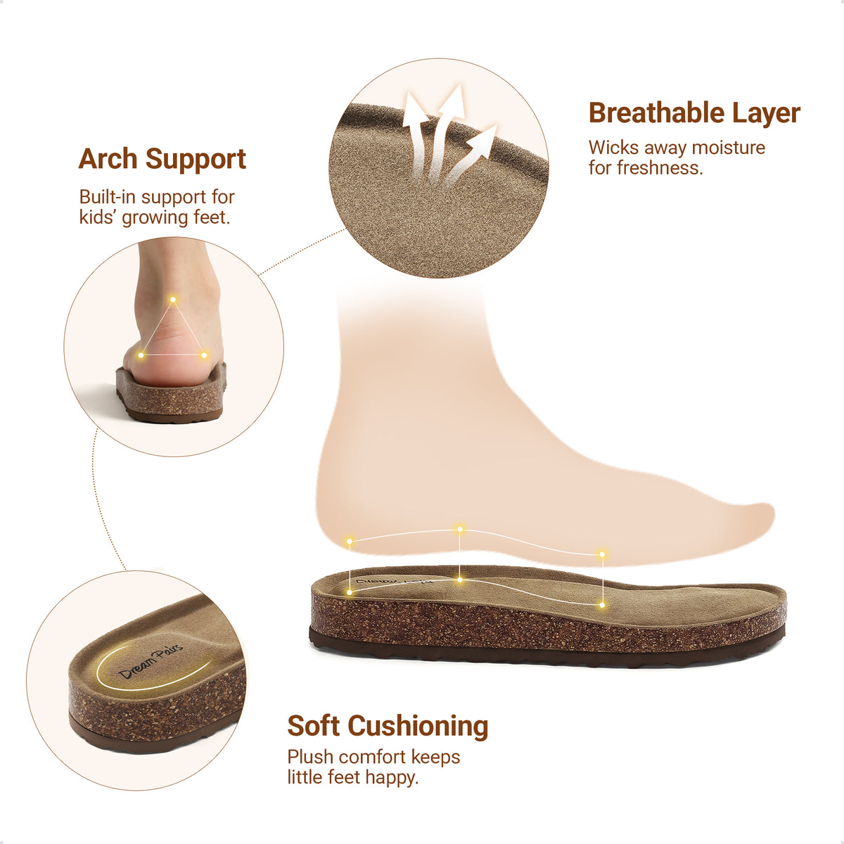 Kids Adjustable Slide Sandals with Non-Slip Strap, Flexible Outsole and Padded Midsole for Indoor & Outdoor Wear, Toddler to Big Kid Sizes in Beige, Camel & Brown