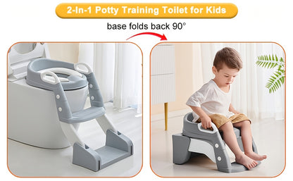 Convertible Toddler Potty Seat with Double-Step Ladder, 2-in-1 Foldable Toilet Trainer with Removable PVC Cushion, Splash Guard and Side Handles