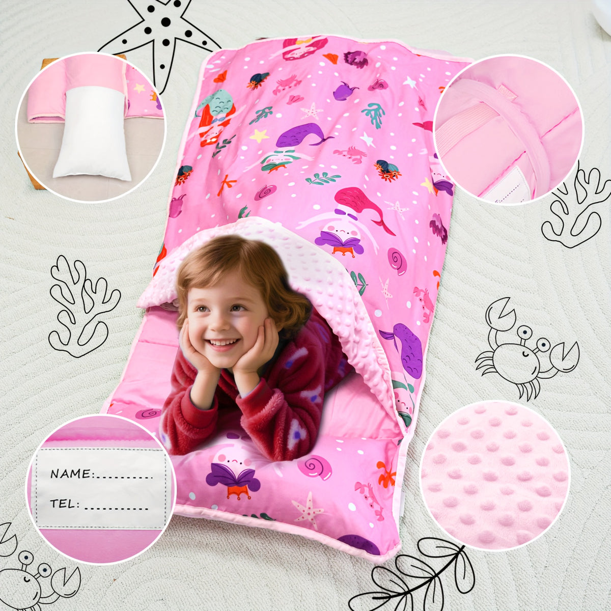 Portable Nap Mat for Preschool and Daycare by Primlect, Foldable Minky Dot Rest Mat with Built-In Pillow and Machine-Washable Design for Kids