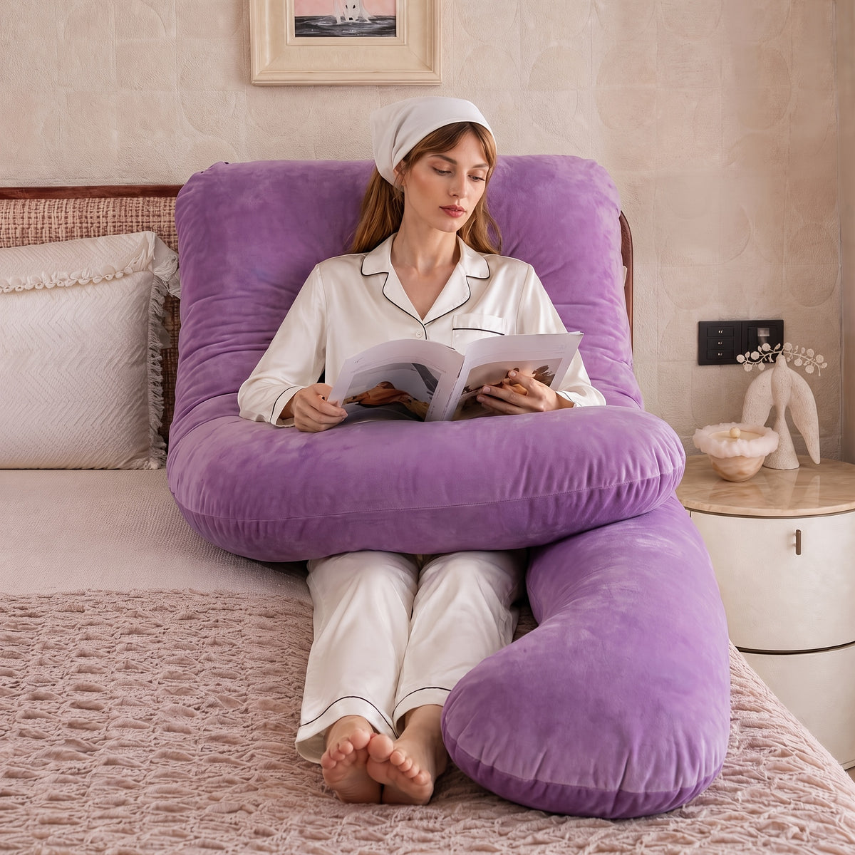 Memory Foam Pregnancy Pillow, 55-Inch U-Shaped Full Body Maternity Cushion with Adjustable Fill and Washable Flannel Cover for Side Sleepers