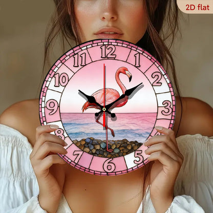 Flamingo Nursery Wall Clock 10 Inch with Pink Sunset Beach Print, Silent Non-Ticking 2D Flat Round Clock for Coastal Kids Room Decor
