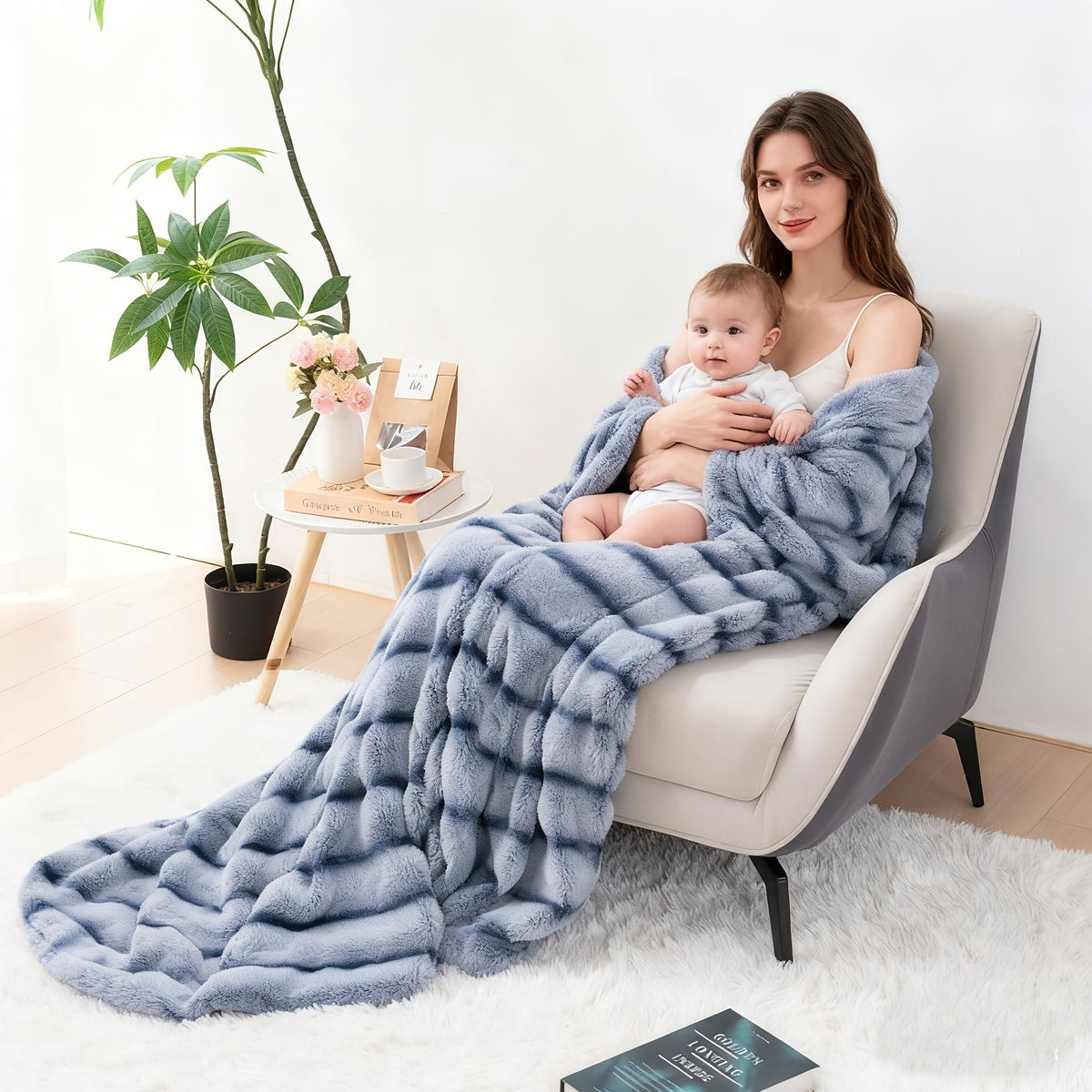 Striped Faux Rabbit Fur Throw Blanket with Flannel Back, Double-Sided Sofa and Bed Cover in Throw, Twin XL, Queen or King Sizes and Multiple Colors