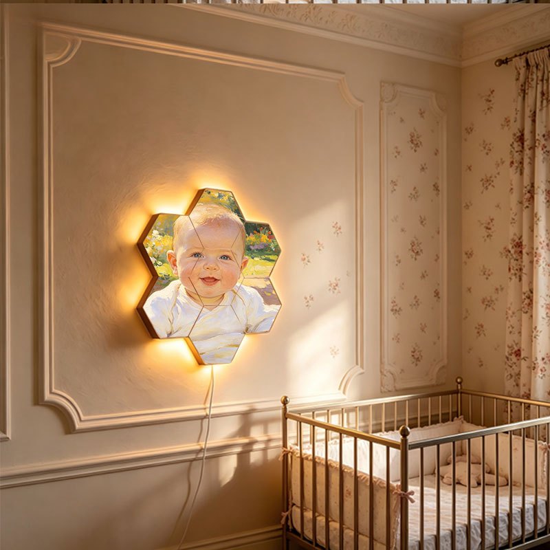 Hexagon Nursery Photo Wall Frames with Touch-Activated Lighting, Customizable Modular Picture Display for Baby Growth Memories and First Birthday Decor