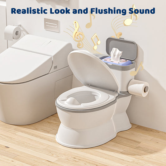 Kids Potty Chair with Flush Sound and Removable Training Seat, Toddler Toilet with Wipes Storage and Toilet Paper Holder for Boys and Girls, Grey
