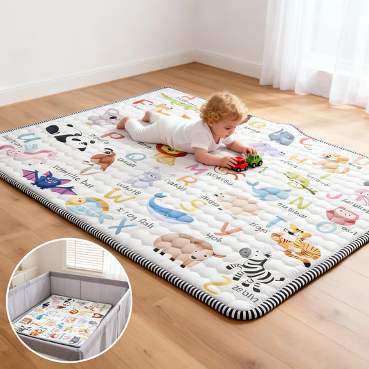 Animal Alphabet Baby Play Mat, Soft Non-Slip Foldable Crawling Floor Mat for Supervised Tummy Time, Machine Washable with Multiple Size Options