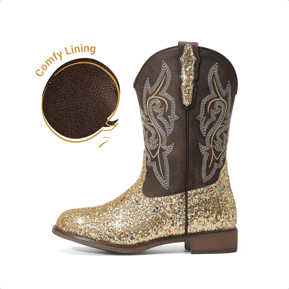 Kids Glitter Cowgirl Boots, Sparkly Western Mid-Calf Pull-On Shoes with Embroidered PU Upper, Round Toe and Easy-Grip Tabs for Girls’ Dance, Dress-Up, Parties & Everyday Play