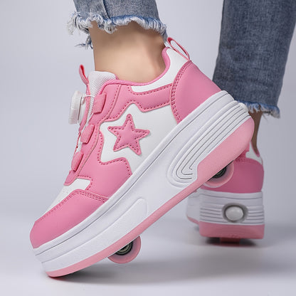Kids Roller Skates with Buckle Closure and Dual-Wheel Design, Pink or Black Skate Shoes for Indoor and Outdoor Practice, Little and Big Kid Sizes