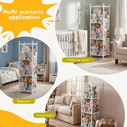 Plush Toy Storage Organizer for Kids' Bedroom and Playroom, Stuffed Animal Holder in Wood-Look, White or Pink Options for Children's Spaces
