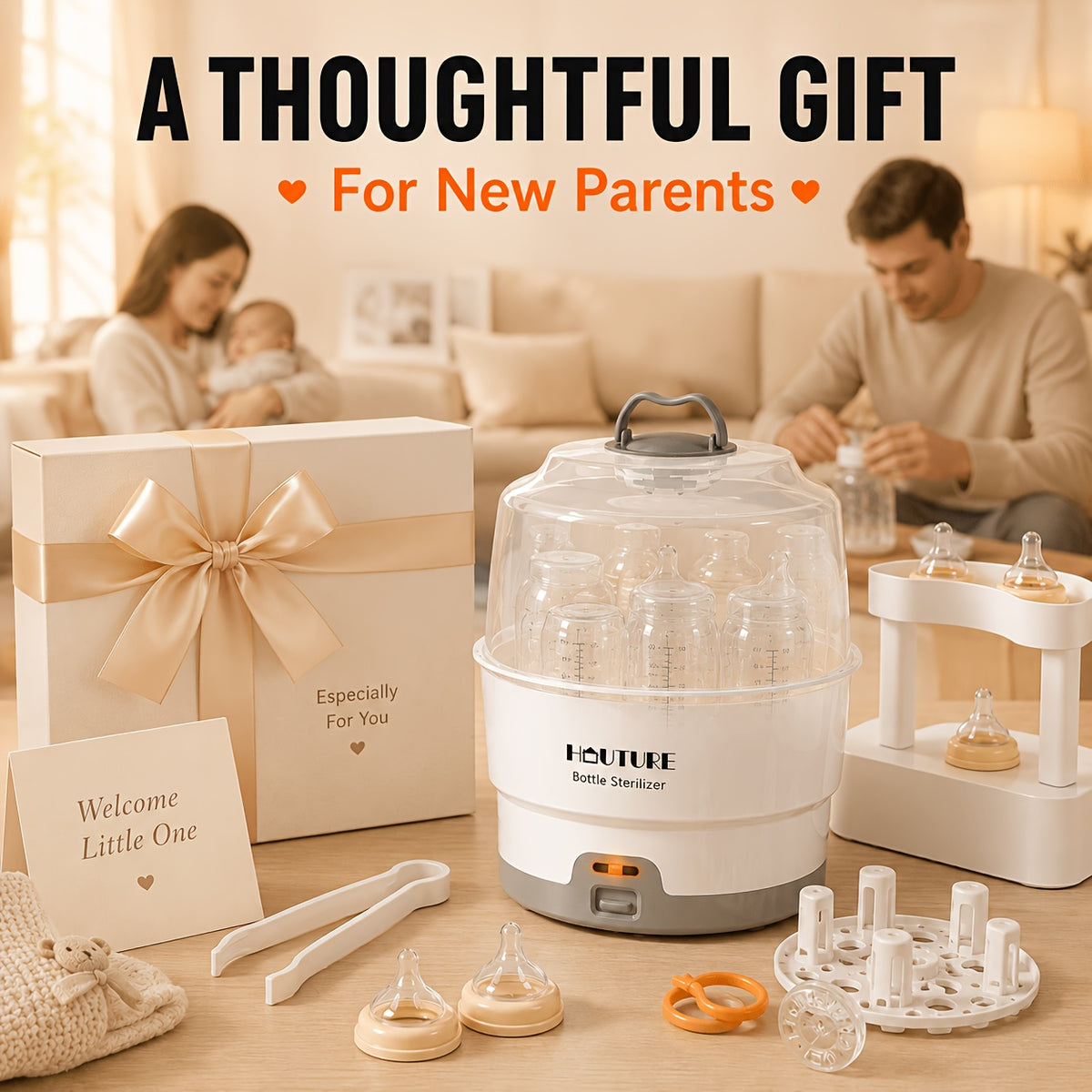 One-Button Baby Bottle Steam Sterilizer, BPA-Free White Countertop Sanitizer with Accessory Rack and Auto Shut-Off for Compatible Feeding Parts