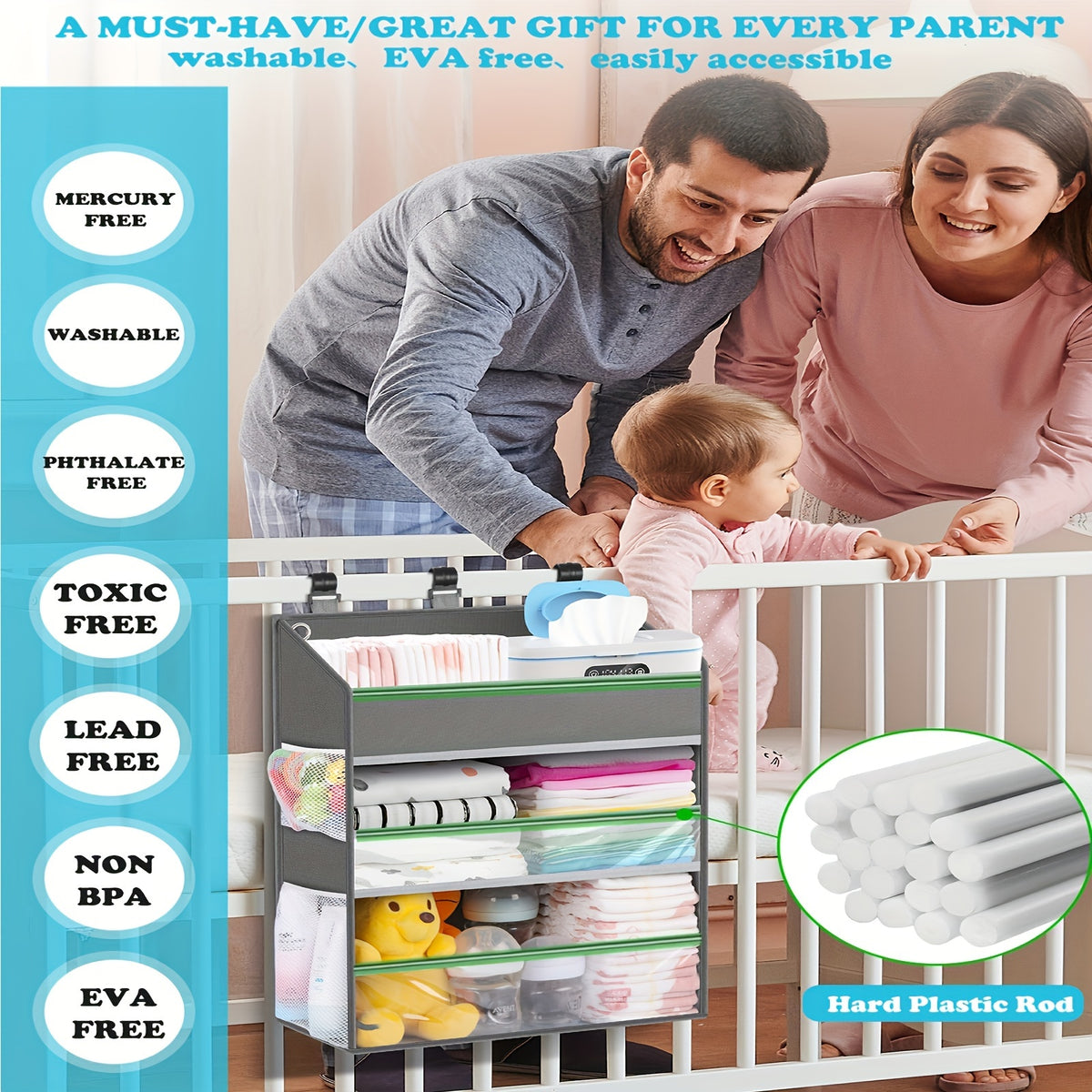 Gray Hanging Diaper Storage Caddy with Multiple Pockets, Nursery Organizer for Changing Supplies and Baby Essentials Beside a Changing Table