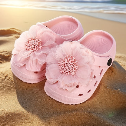 Pink Flower Kids Slippers for Girls, Soft-Feel Summer Slip-On Clog-Style Shoes for Toddler and Little Kid Sizes, Casual Beach Vacation Looks