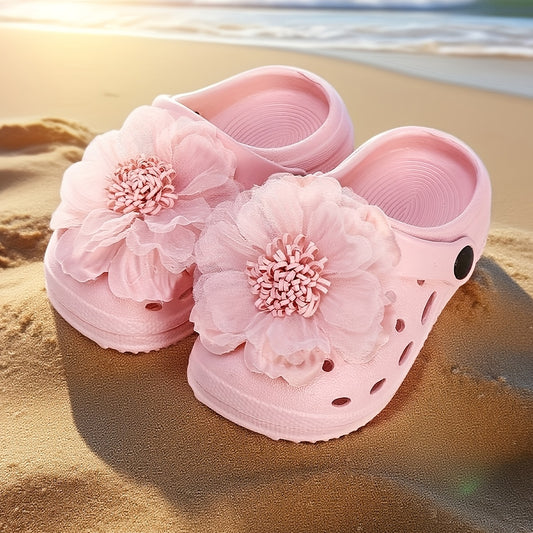 Pink Flower Kids Slippers for Girls, Soft-Feel Summer Slip-On Clog-Style Shoes for Toddler and Little Kid Sizes, Casual Beach Vacation Looks