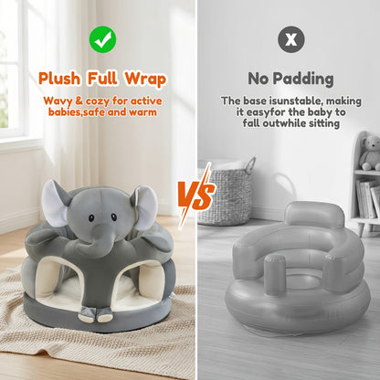 Plush Toddler Floor Seat with Back Support, Cartoon Elephant or Bear Baby Sofa Chair for Supervised Sitting and Play in Nursery or Living Room