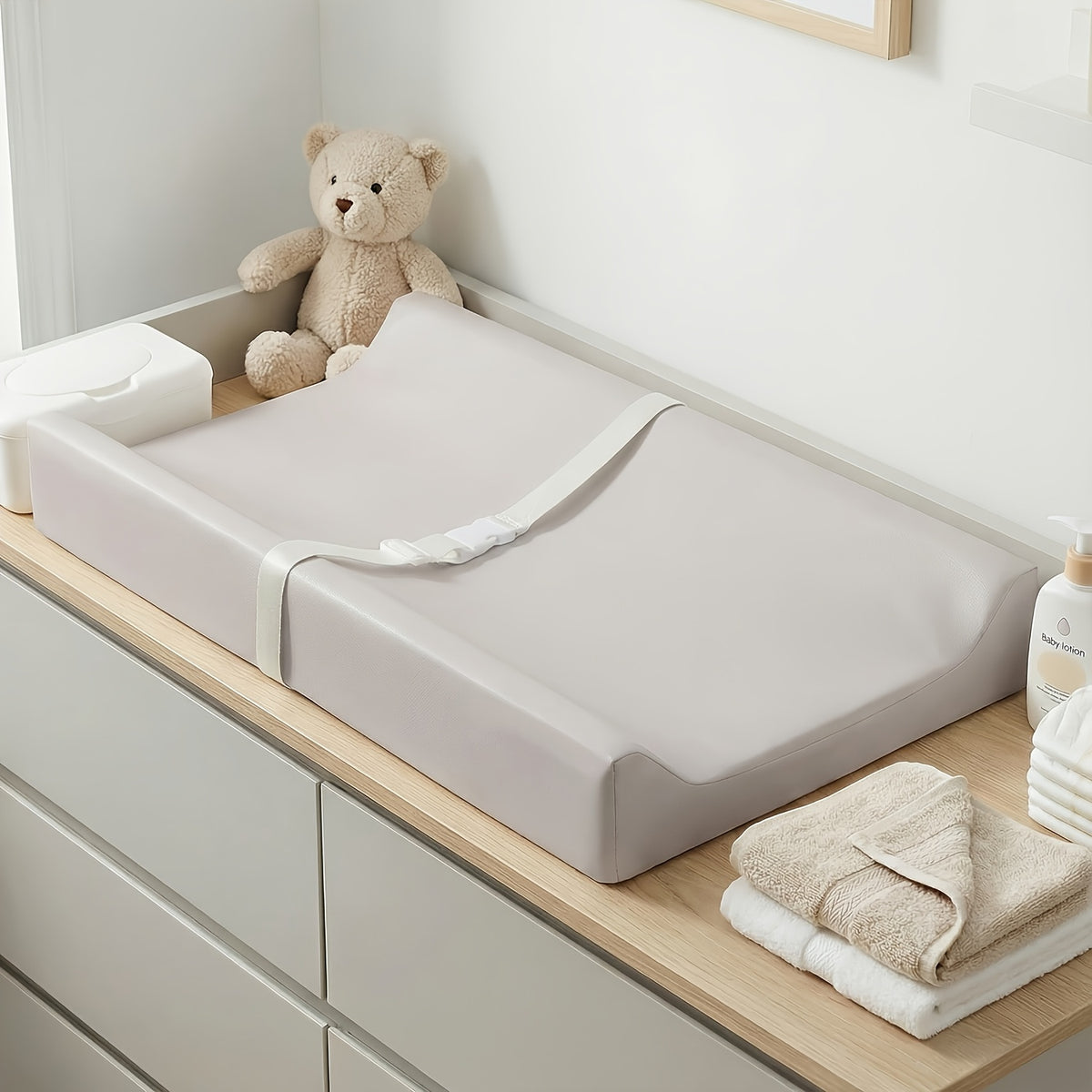 PASAMIC Secure Grip Baby Diaper Changing Pad for Dresser, Waterproof & Wipeable Contoured Design – Standard Size 15.74" x 31.1", Easy-Clean Changing Mat in Grey, Pink & Beige