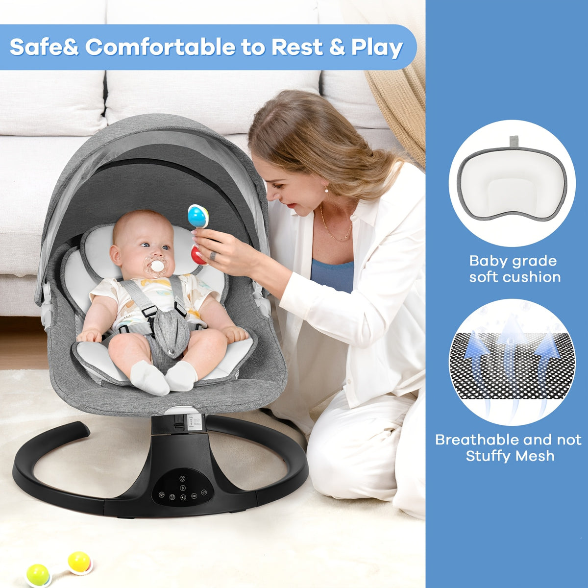 Electric Baby Swing with 5 Speeds and 10 Lullabies, Padded Infant Seat with Timer, Bluetooth Music and 5-Point Harness for Supervised Indoor Use