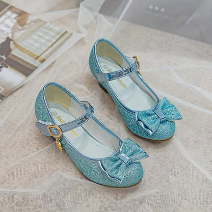 Girls Low Heel Mary Jane Shoes with Bow and Flower Details, Round-Toe Cushioned Dress Shoes in Blue or Purple for Toddler to Big Kid Parties and Weddings