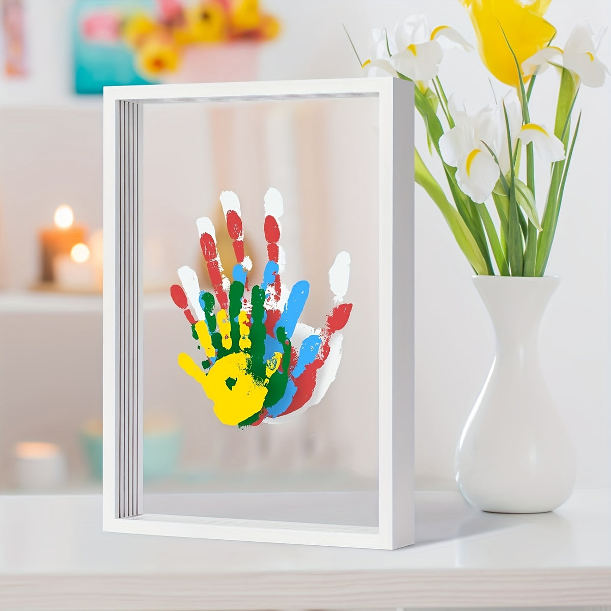 Family Handprint Kit with Keepsake Frame, 4 Handprint Spaces and 6 Paint Colors for Shared Memory Making, Mother's Day or Holiday Gift