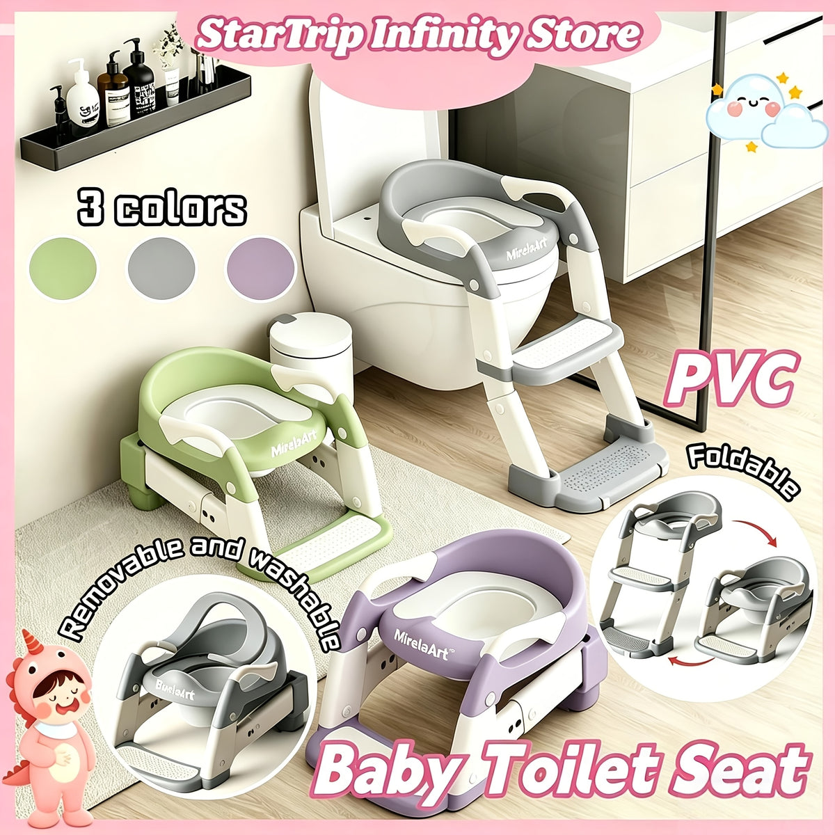 Wide-Step Toddler Toilet Training Seat with Ladder, Adjustable Potty Seat with Splash Guard, Anti-Slip Steps and Handles for Boys and Girls
