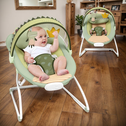 Foldable Infant Bouncer Seat with Hanging Toy Arch, Pink Crown or Green Crocodile Design for Supervised Awake Play, Listed Up to 20 lbs