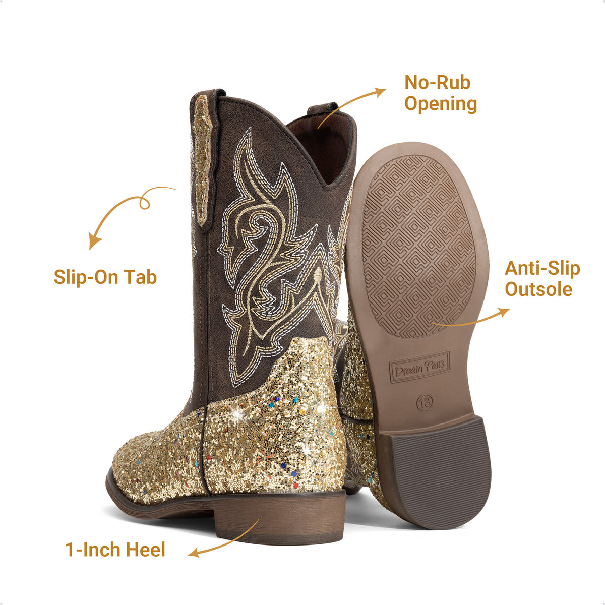 Kids Glitter Cowgirl Boots, Sparkly Western Mid-Calf Pull-On Shoes with Embroidered PU Upper, Round Toe and Easy-Grip Tabs for Girls’ Dance, Dress-Up, Parties & Everyday Play