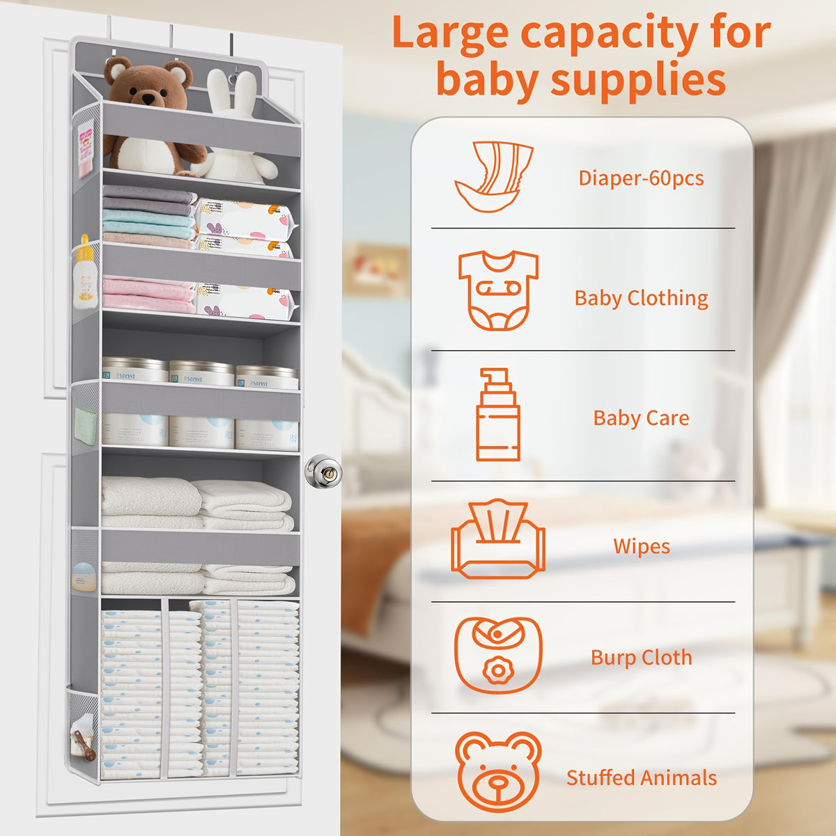 Swing-Proof Over the Door Organizer, 6-Shelf Hanging Storage with 6 Clear Front and 12 Side Pockets, Holds Up to 50LB, No-Drill Behind Door Storage for Nursery, Closet, Bedroom and Bathroom