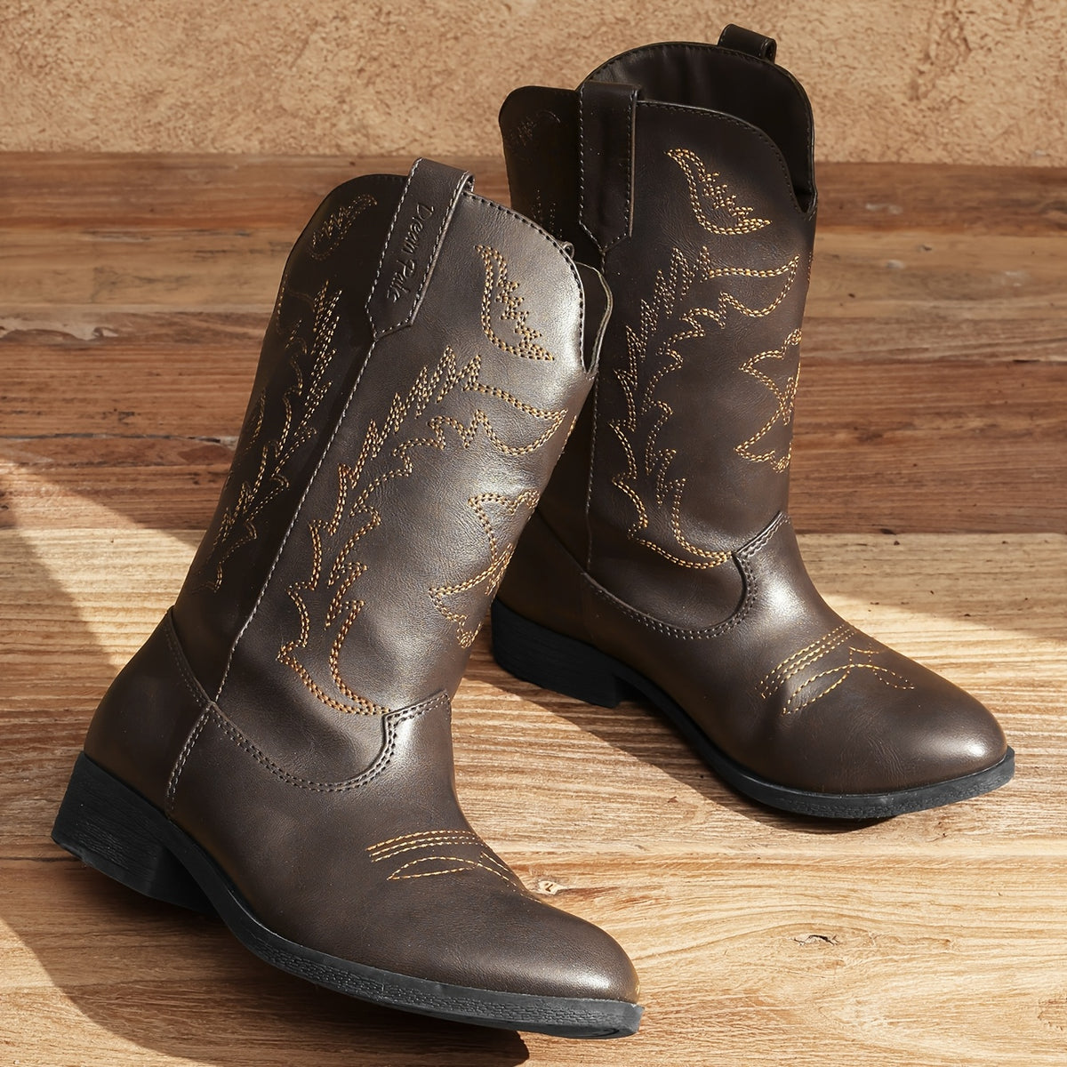 Embroidered Mid-Calf Western Riding Boots for Kids - Pull-On Cowboy Cowgirl Boots with Round Toe, Soft Lining & Flexible TPR Sole for Boys & Girls, Little Kid & Big Kid Sizes
