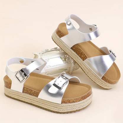 Kids Cork-Style Beach Sandals with Buckle, Lightweight Slip-On Summer Shoes in White, Black or Silvery Grey for Little Kids and Big Kids