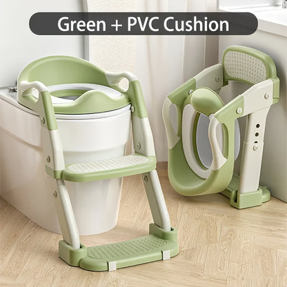 Adjustable Toddler Potty Ladder and Toilet Training Seat, 3-in-1 Foldable Plastic Step Stool with Listed Harness Feature, Purple or Green Options
