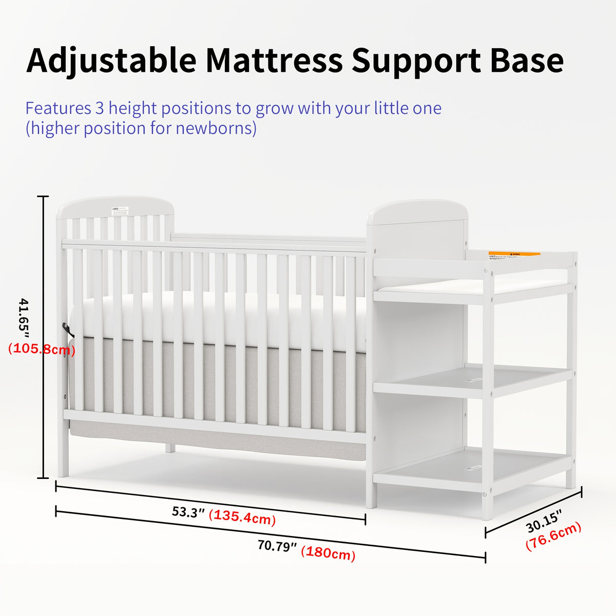 Baby Crib with Changing Table, Goldzone 4-in-1 Convertible Wooden Nursery Crib with Four Mattress Heights, Two Storage Shelves and Toddler Bed Conversion, White