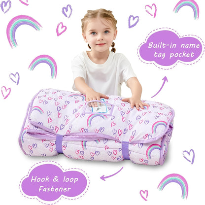 Kids Nap Mat with Pillow and Blanket for Preschool Daycare, Roll-Up Slumber Mat for Boys and Girls, Colorful Prints for Travel and Rest Time