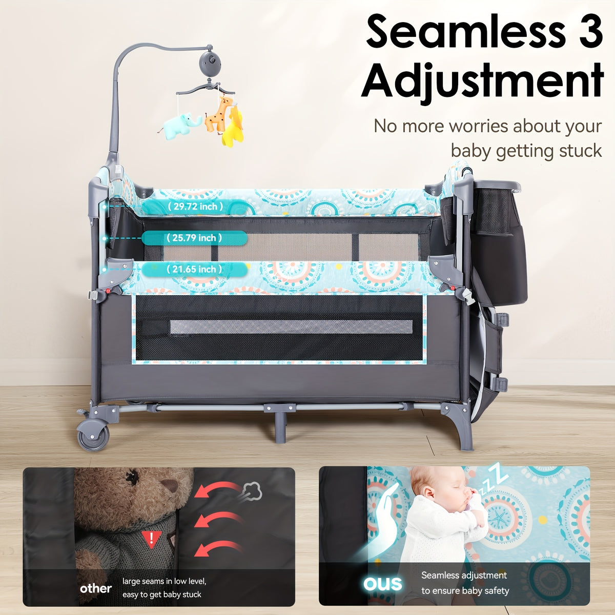 5-in-1 Pack and Play Baby Crib with Detachable Changing Table, Includes Mattress, Storage, Music, and 3 Adjustable Heights, Portable Large Playard for Newborn Baby, Supports Up to 19 Pounds