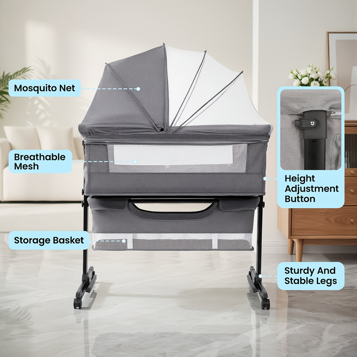 3-in-1 Mesh Bedside Sleeper Bassinet for Baby, Adjustable Infant Crib with Wheels and Storage Basket, 16 lb Frame and 33 lb Listed Infant Weight Limit