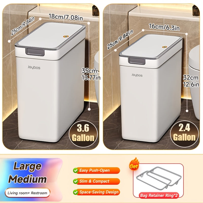 Push-Lid Bathroom Trash Can Set, Slim Plastic Waste Bins for Small Spaces with Removable Bag Rings, 2.4 and 3.6 Gallon Sizes for Home or Office