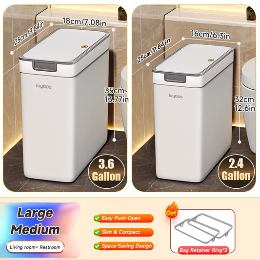 Push-Lid Bathroom Trash Can Set, Slim Plastic Waste Bins for Small Spaces with Removable Bag Rings, 2.4 and 3.6 Gallon Sizes for Home or Office