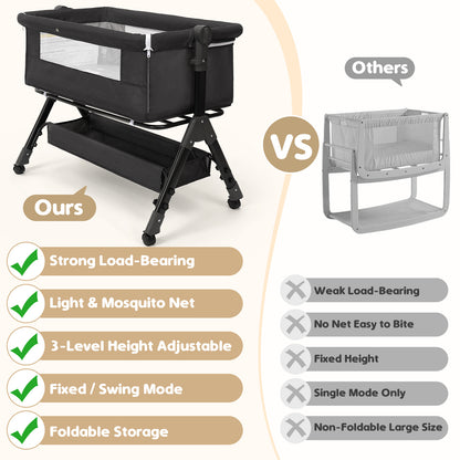 Bedside Bassinet with Lockable Wheels, Height-Adjustable 3-in-1 Crib-Side Infant Sleeper with Mosquito Net and Storage Bag, Dark Gray