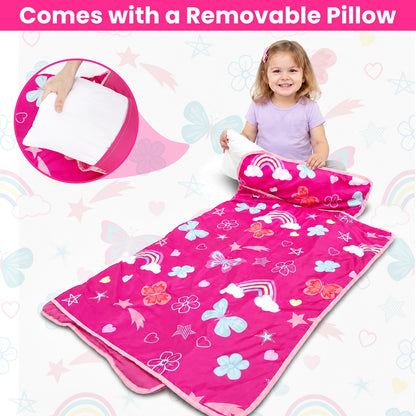 Portable Nap Mat for Preschool and Daycare by Primlect, Foldable Minky Dot Rest Mat with Built-In Pillow and Machine-Washable Design for Kids