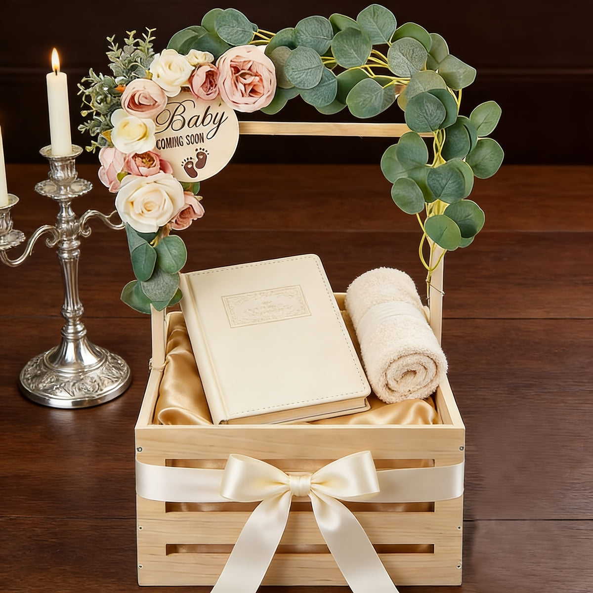 Wooden Shower Gift Basket Crate with Alphabet Letter Design, Easy Assembly Storage and Display Box in Natural Color, Available as 1 or 2 Pieces