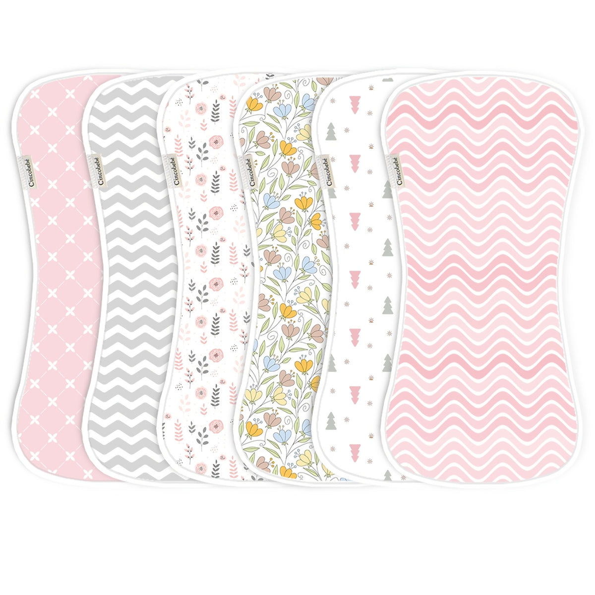 Newborn Burp Cloths 6-Pack, Soft Breathable Contoured Spit-Up Cloth Set with Cartoon Prints for Baby Boys and Girls and Everyday Feeding
