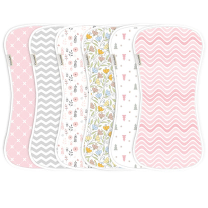 Newborn Burp Cloths 6-Pack, Soft Breathable Contoured Spit-Up Cloth Set with Cartoon Prints for Baby Boys and Girls and Everyday Feeding