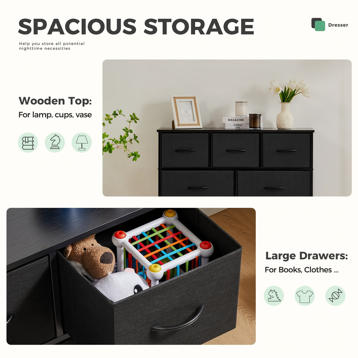 Fabric Drawer Storage Cabinet for Office or Bedroom, Lightweight Wardrobe Organizer with Integrated Slide Rails in Black, Rust or Gray