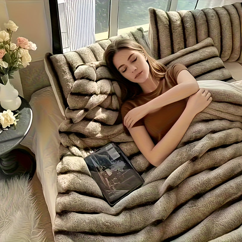 Striped Faux Rabbit Fur Throw Blanket with Flannel Back, Double-Sided Sofa and Bed Cover in Throw, Twin XL, Queen or King Sizes and Multiple Colors