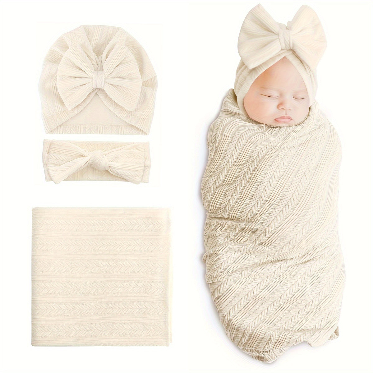 Baby Swaddle Blanket Gift Set with Matching Hat and Bow Headband, 3-Piece Newborn Wrap Accessories for Girls and Boys in Four-Season Colors