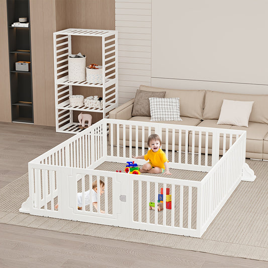 Modular Baby Playpen Fence with Gate, 2-in-1 Adjustable-Shape White Panel Play Yard for Supervised Indoor or Outdoor Kids Activities
