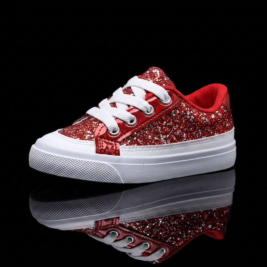 Red Sequin Skate Sneakers for Kids, Lace-Up Shoes with Soft Breathable Lining and Elastic Sole, Easy On/Off for School, Sports and Casual Wear, US 11.5 and 13.5 Little Kid
