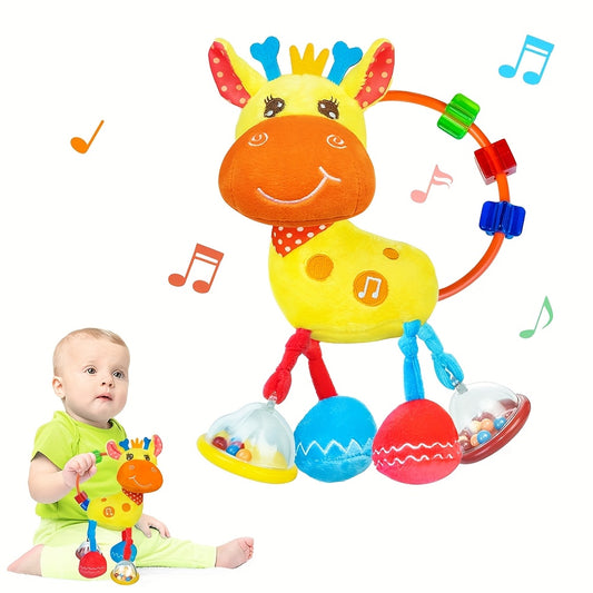 Baby Sensory Rattle Toy, Yellow Plush Deer with Crinkle Paper and Squeaker, Colorful Bead Ring and Dangling Rattles for Supervised Play