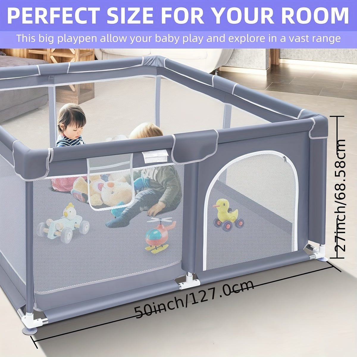 Baby Playpen Fence with Soft Breathable Mesh, Indoor Outdoor Kids Activity Enclosure in Gray or Beige with Size and Mat Bundle Options