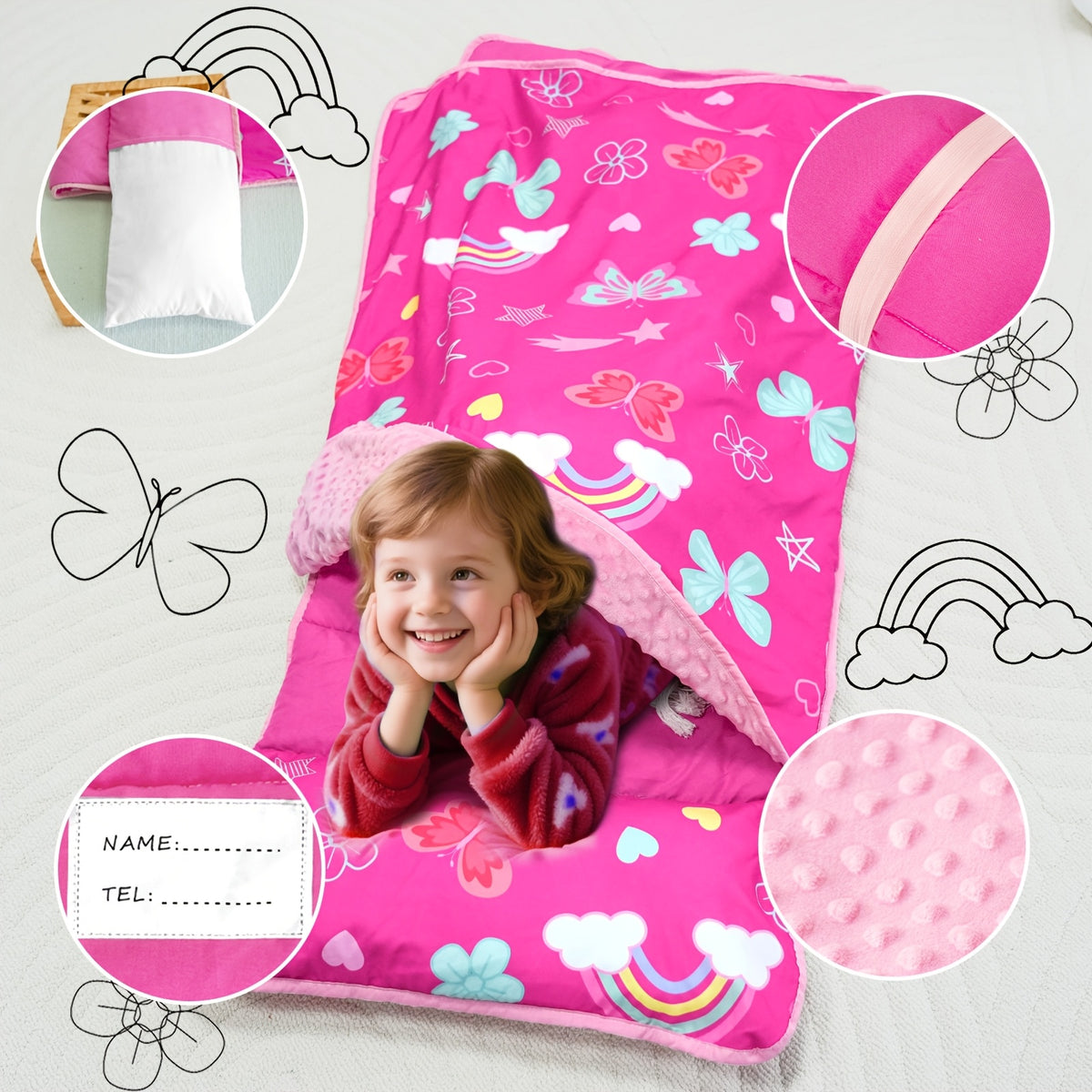 Portable Nap Mat for Preschool and Daycare by Primlect, Foldable Minky Dot Rest Mat with Built-In Pillow and Machine-Washable Design for Kids
